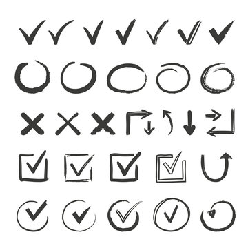 Hand drawn check signs. Doodle v mark for list items, checkbox chalk icons and sketch checkmarks. Vector checklist marks icon set