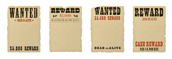 Zelfklevend Fotobehang Wanted dead or alive blank poster template with grunge textured typography and ripped vintage faded yellow paper isolated on white background. © o_a