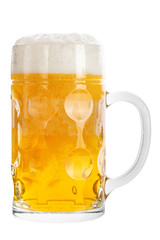 beer in mug with foam and bubbles isolated on white background .