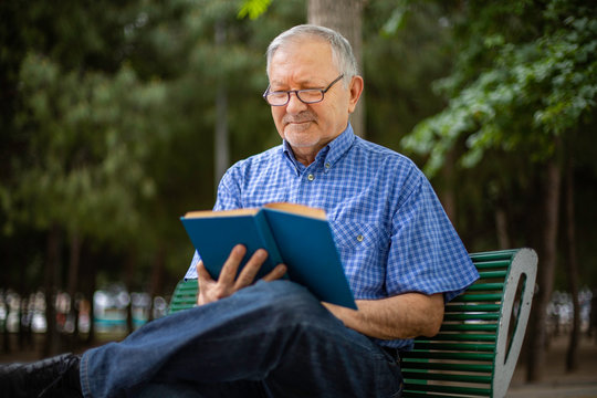 An Old (elderly) Man Is Sitting On The Bench And Reading A Book