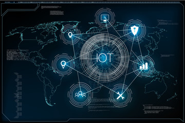 Internet of things (IoT) and networking concept for connected devices. Spider web of network connections with on a futuristic blue background