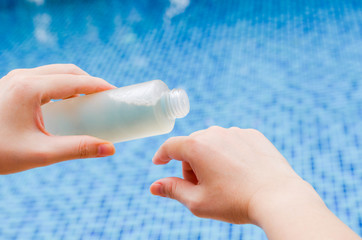 Facial cleansing toner on the palm of the hand