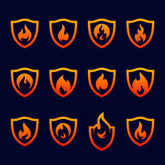 Set of Fire Shield Logo Design Vector Template. Shield Fire Logo Concept. Icon Symbol.