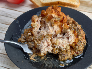 Delicious fried Patty of chicken meat, Pozharskaya.With creamy mushroom sauce.Fresh vegetable salad.Fried toast.