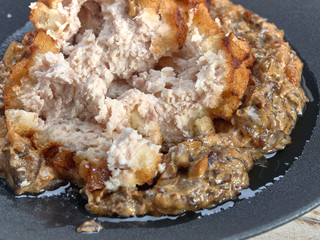 Delicious fried Patty of chicken meat, Pozharskaya.With creamy mushroom sauce.Fresh vegetable salad.Fried toast.