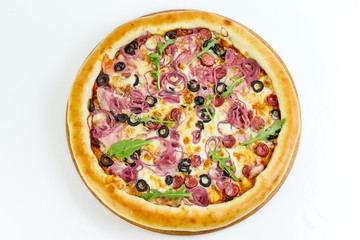 pizza with ham and tomatoes isolated on white