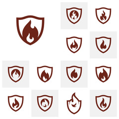 Fototapeta premium Set of Fire Shield Logo Design Vector Template. Shield Fire Logo Concept. Icon Symbol.