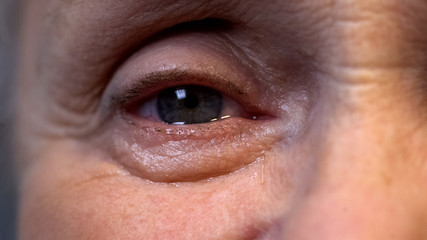 Eye of old wrinkled person close-up, deep wisdom and life experience, nostalgia