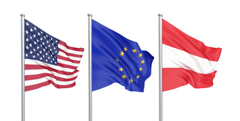 Three colored silky flags in the wind: USA (United States of America), EU (European Union) and Austria isolated on white. 3D illustration.