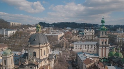 Fototapeta na wymiar Aerial City Lviv, Ukraine. European City. Popular areas of the city. Dominican