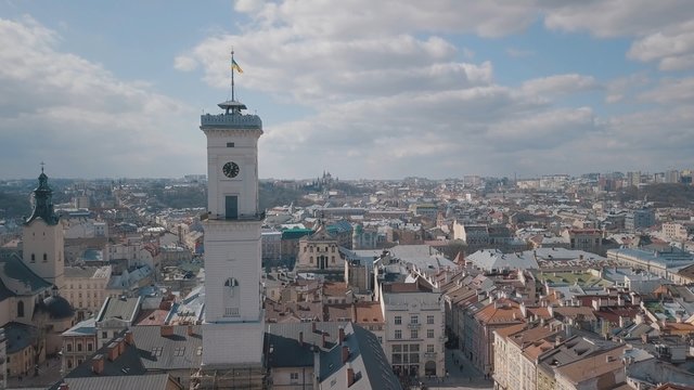 Aerial City Lviv, Ukraine. European City. Popular areas of the city. Rooftops