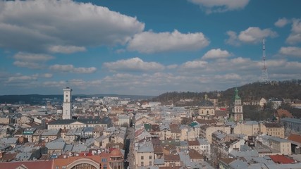 Fototapeta na wymiar Aerial City Lviv, Ukraine. European City. Popular areas of the city. Rooftops