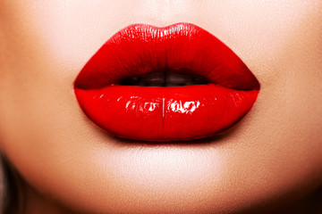 Sexy Red Lips close up. Beautiful  Perfect Makeup. Beautiful red Lip Gloss. Cosmetic.mouth open, big lips. Cosmetic beauty procedures.  - image.  - obrazy, fototapety, plakaty