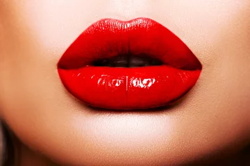 Fotobehang Sexy Red Lips close up. Beautiful  Perfect Makeup. Beautiful red Lip Gloss. Cosmetic.mouth open, big lips. Cosmetic beauty procedures.  - image.   © Julia