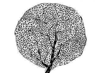 Tree silhouette with leaves, black and white graphic, hand drawn vector illustration.