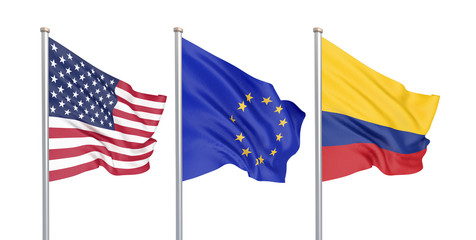 Three colored silky flags in the wind: USA (United States of America), EU (European Union) and Colombia isolated on white. 3D illustration.