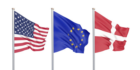 Three colored silky flags in the wind: USA (United States of America), EU (European Union) and Denmark isolated on white. 3D illustration.