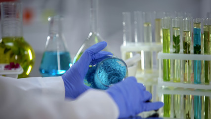 Scientist examining blue powder, looking through magnifying glass, pesticides