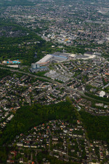 Fabulous panoramic view from airplane, Essen, Germany, flying airplane.