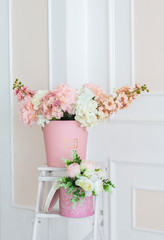 Floral decoration in the photo studio. Interior photo studio. Wedding decorations. Gentle spring flowers. flower composition