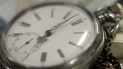 Dial on ancient pocket watch against cash background, business strategy, life