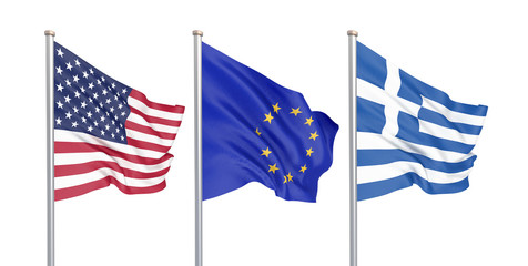 Fototapeta premium Three colored silky flags in the wind: USA (United States of America), EU (European Union) and Greece isolated on white. 3D illustration.