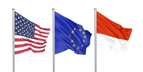 Three colored silky flags in the wind: USA (United States of America), EU (European Union) and Indonesia isolated on white. 3D illustration.