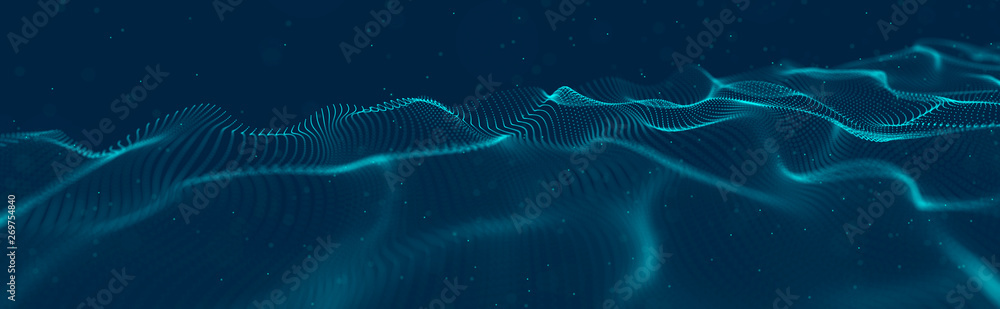 Poster Musical wave of particles. Sound structural connections. Abstract background with a wave of luminous particles. Wave 3d