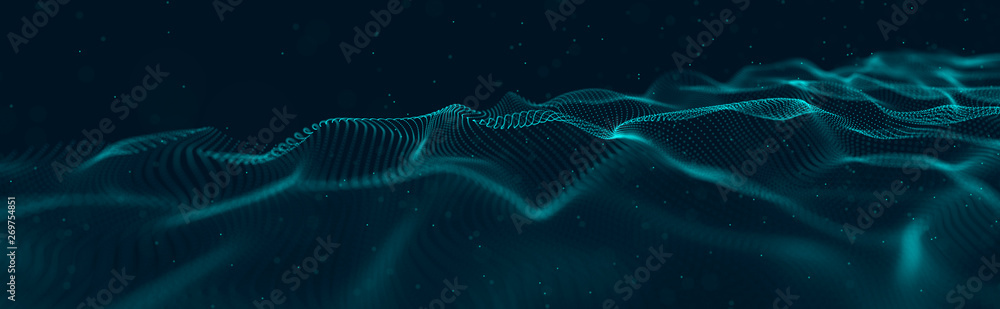 Poster Musical wave of particles. Sound structural connections. Abstract background with a wave of luminous particles. Wave 3d