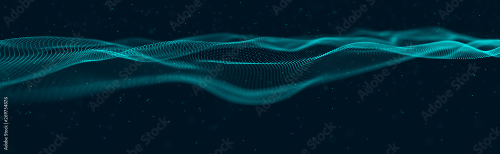 Poster Musical wave of particles. Sound structural connections. Abstract background with a wave of luminous particles. Wave 3d