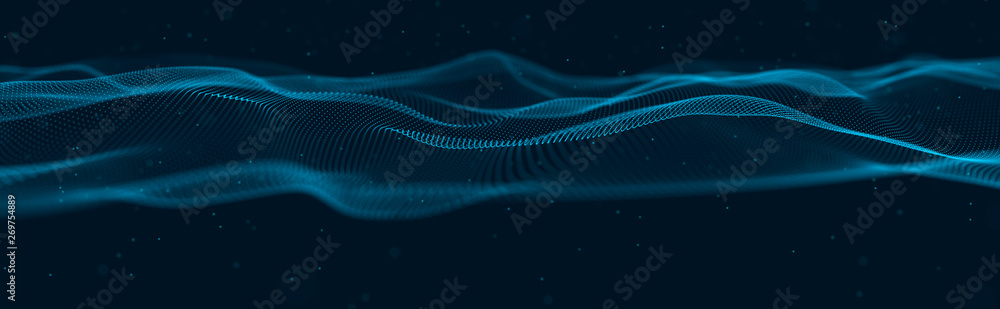 Aufkleber Musical wave of particles. Sound structural connections. Abstract background with a wave of luminous particles. Wave 3d