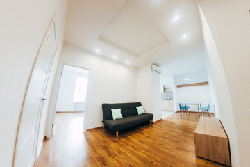 modern light interior. room with white walls and wooden floor.