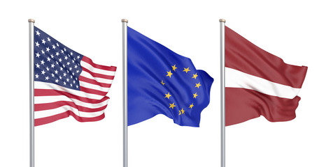 Three colored silky flags in the wind: USA (United States of America), EU (European Union) and Latvia isolated on white. 3D illustration.