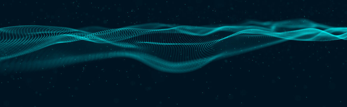 Musical wave of particles. Sound structural connections. Abstract background with a wave of luminous particles. Wave 3d