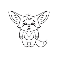 Black and white illustration of a funny fennec fox  who looks with sadness. Cute kawaii cartoon character. Funny emotion and face expression. Isolated on white background