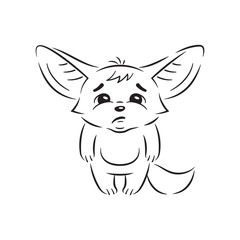 Black and white illustration of a funny fennec fox  looks with sadness. Cute kawaii cartoon character. Funny emotion and face expression. Isolated on white background