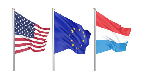 Three colored silky flags in the wind: USA (United States of America), EU (European Union) and Luxembourg isolated on white. 3D illustration.