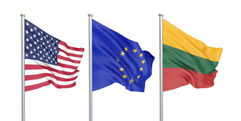 Three colored silky flags in the wind: USA (United States of America), EU (European Union) and Lithuania isolated on white. 3D illustration.