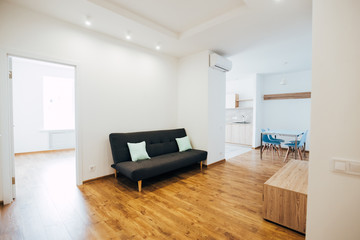 modern light interior. room with white walls and wooden floor.