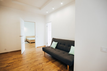 Fototapeta na wymiar modern light interior. room with white walls and wooden floor. white open door.