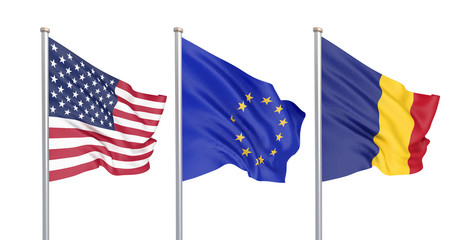 Three colored silky flags in the wind: USA (United States of America), EU (European Union) and Romania isolated on white. 3D illustration.