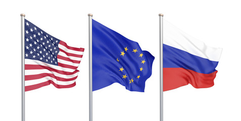Three colored silky flags in the wind: USA (United States of America), EU (European Union) and Russia isolated on white. 3D illustration.