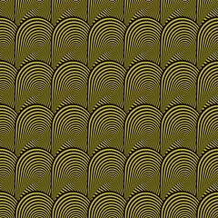 Vector illustration of black and yellow warped circles and stripes in geometric layout. Seamless repeat pattern for gift wrap, textile, fabric, scrapbooking and fashion.