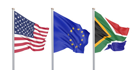 Fototapeta premium Three colored silky flags in the wind: USA (United States of America), EU (European Union) and South Africa isolated on white. 3D illustration.