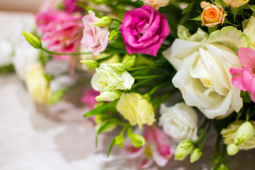Bouquet of flowers. Flower Arrangement: Roses, Eustomas, Alstroemeria