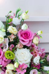 Bouquet of flowers. Flower Arrangement: Roses, Eustomas, Alstroemeria