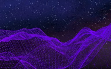 Abstract ultraviolet landscape on a dark background. Purple cyberspace grid. hi tech network. Outer space. Violet starry outer space texture. 3D illustration