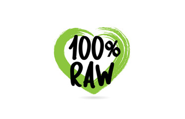 100% raw text word with green love heart shape icon