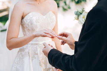 The bride and groom wear wedding rings. hands of newlyweds with wedding rings. Wedding ceremony.