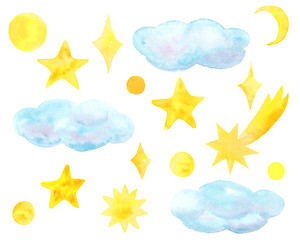 Watercolor hand drawn sky set with yellow stars and blue clouds isolated on white background © Lelakordrawings
